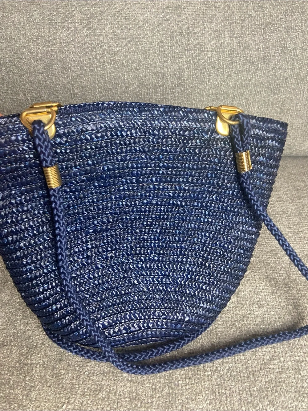 Straw tote in navy with gold trim